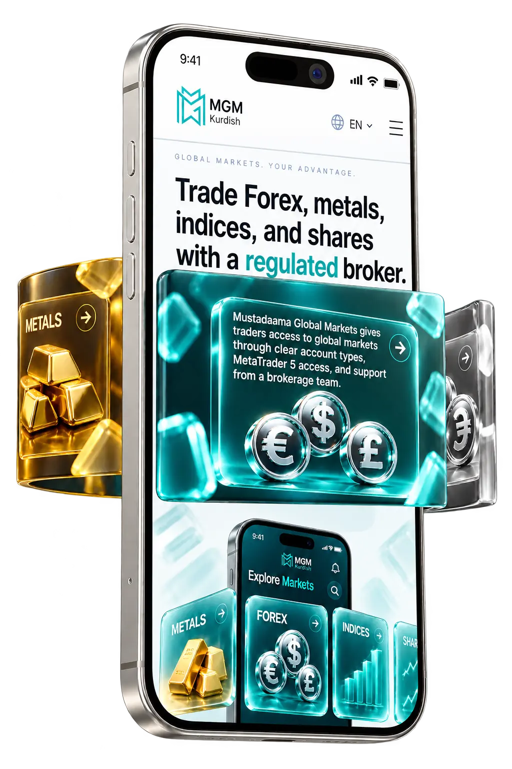 MGM Kurdish phone with floating Forex and gold market cards
